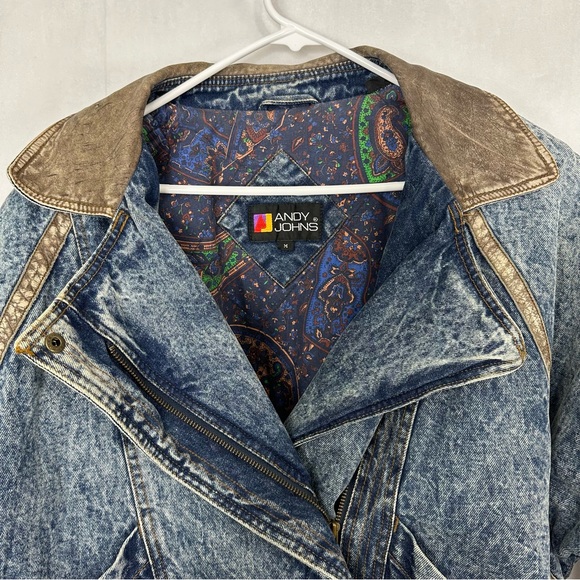 Andy Johns Denim Paisley Jacket Polyfill Leather Vintage Oversized Blue Baggy - Picture 8 of 12